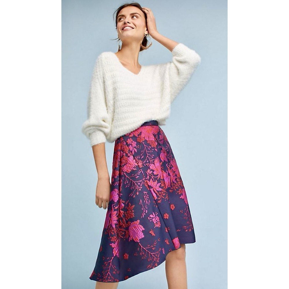 Eva Franco Navy Floral Asymmetrical Skirt with Pink Blooms